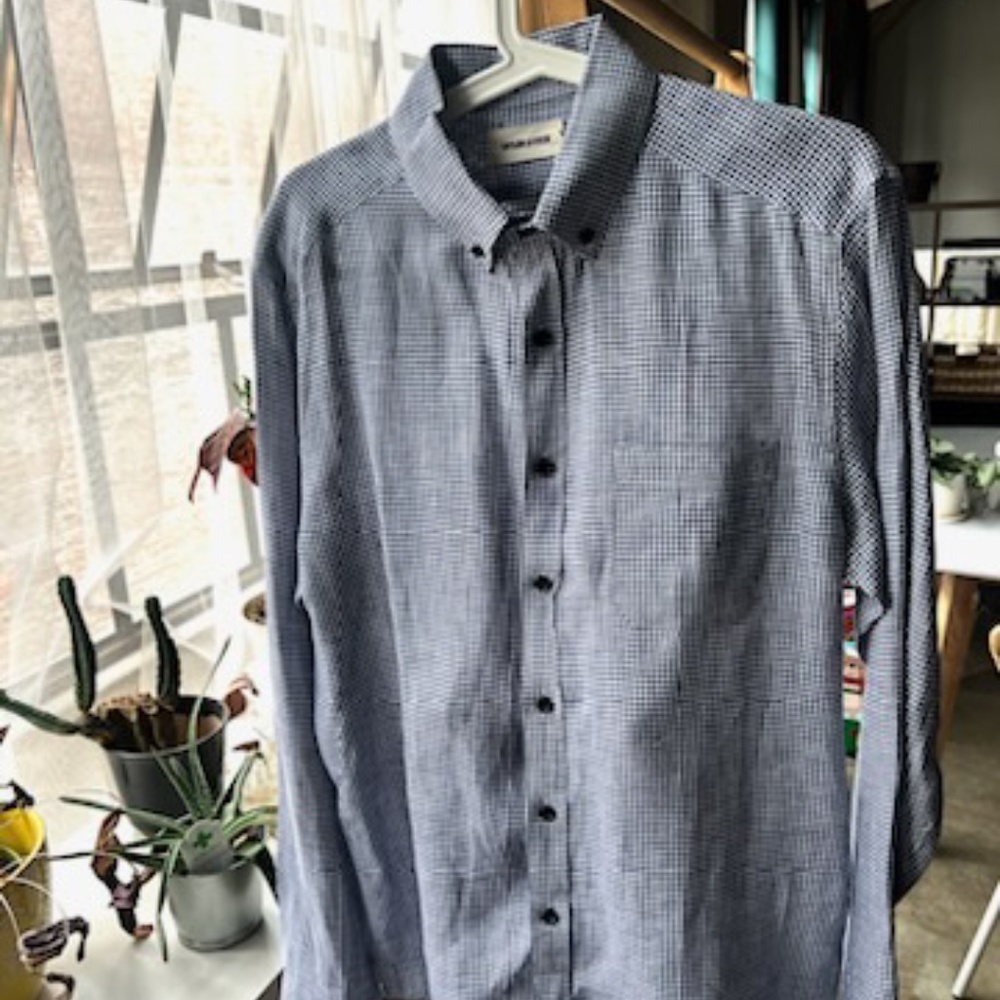 COPY - Taylor Stitch Linen Navy/White Checked Long Sleeve Shirt (Medium-40)
